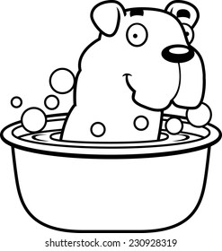 A cartoon illustration of a Bulldog taking a bath.