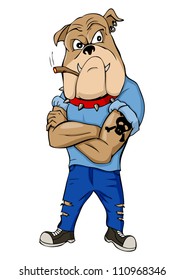 Cartoon illustration of a bulldog as a thug
