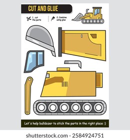 Cartoon illustration of bulldozer cut and glue worksheet for kids. Fun and educational vehicle activity.