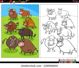 Cartoon illustration of bulls farm animal characters in the meadow coloring page