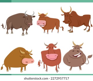 Cartoon illustration of bulls farm animals comic characters set
