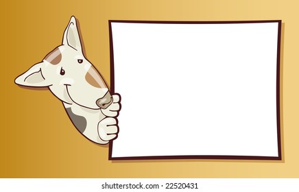 cartoon illustration of bull-terrier dog with big white card