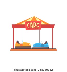 Cartoon Illustration Of Bumper Cars Attraction Under Bright Marquee. Amusement Park Or Carnival. Colorful Flat Vector Design For Banner, Poster Or Flyer