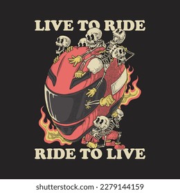 cartoon illustration of a bunch of skulls sticking out of motorcycle helmets