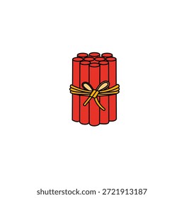 Ilustración de dibujos animados de un Paquete de palos de dinamita roja atados con una cuerda amarilla, aislados sobre un fondo blanco. Estilo simple, limpio y gráfico. 