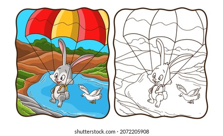 cartoon illustration bunny skydiving with a dove coloring book or page for kids