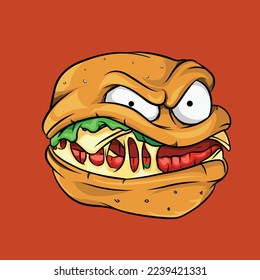 Cartoon Illustration of Burger with Evil Smirk Facial Expression. Fast Food Monster Cartoon Character Illustration.