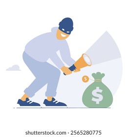 A cartoon illustration of a burglar stealthily carrying a large green money bag overflowing with dollar bills. Perfect for websites, children's books, or any project needing a fun, 