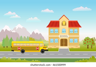 cartoon illustration with bus on road to school on landscape with trees, mountains and clouds. vector