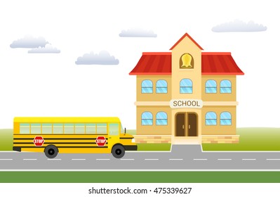 cartoon illustration with bus on road to school. vector
