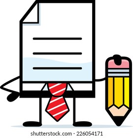 A cartoon illustration of a business document with a pencil.