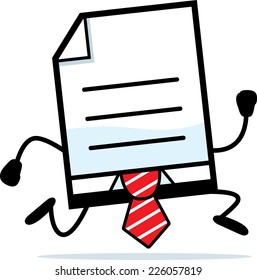 A cartoon illustration of a business document running.