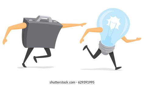 Cartoon illustration of business portfolio chasing a light bulb or idea