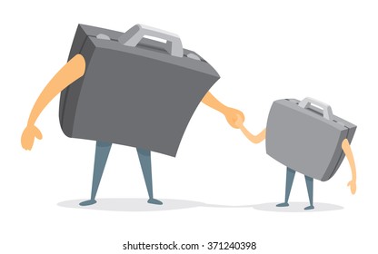 Cartoon illustration of business suitcase father and son holding hands