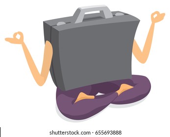 Cartoon illustration of business suitcase practicing yoga in lotus position