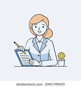 A cartoon illustration of a business woman attending training session, taking notes and participating in discussions