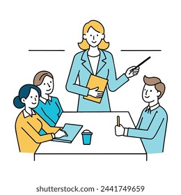 A cartoon illustration of a business woman attending training session, taking notes and participating in discussions