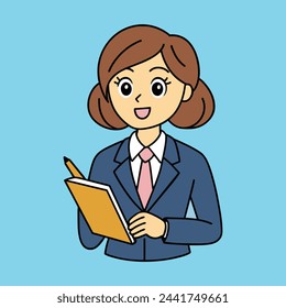 A cartoon illustration of a business woman attending training session, taking notes and participating in discussions