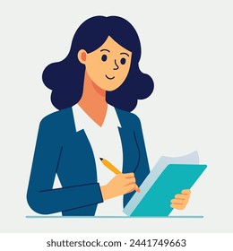A cartoon illustration of a business woman attending training session, taking notes and participating in discussions