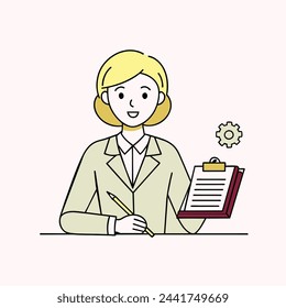 A cartoon illustration of a business woman attending training session, taking notes and participating in discussions
