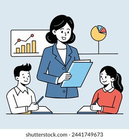 A cartoon illustration of a business woman attending training session, taking notes and participating in discussions