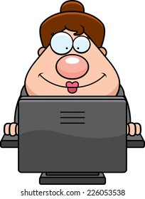 A cartoon illustration of a business woman using a computer.