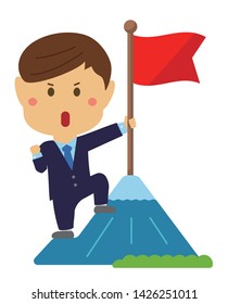 Cartoon illustration of a businessman (asian, japanese, korean) grabbing a flag on top of the mountain.
metaphorical expression of an ambitious businessman.