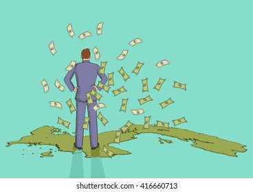 Cartoon illustration of a businessman from back view standing on the map of Panama with money rain.