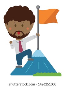 Cartoon illustration of a businessman (black people) grabbing a flag on top of the mountain.
metaphorical expression of an ambitious businessman.