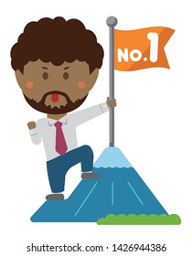 Cartoon illustration of a businessman (black people) grabbing a flag on top of the mountain.
metaphorical expression of an ambitious businessman.