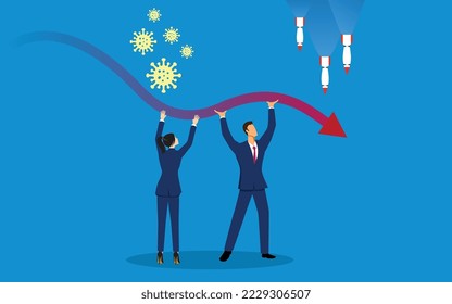 Cartoon illustration of Businessman and businesswoman try so hard to hold the economy
despite pandemic and war, determination concept