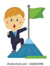 Cartoon illustration of a businessman (caucasian,american) grabbing a flag on top of the mountain.
metaphorical expression of an ambitious businessman.