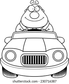 A cartoon illustration of a businessman driving a car and smiling.