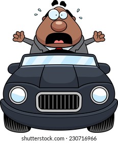 A cartoon illustration of a businessman driving a car and panicking.