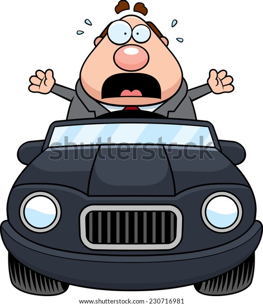 A cartoon illustration of a businessman\
driving a car and panicking.