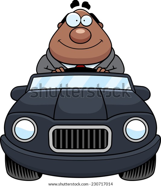 A cartoon illustration of a businessman driving\
a car and smiling.