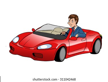 Cartoon illustration of a businessman driving a sport car