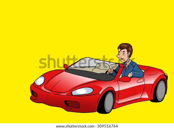 Cartoon illustration of a businessman driving a\
sport car\
