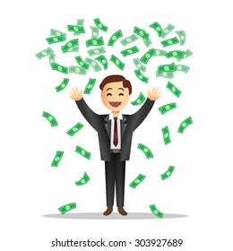 Cartoon illustration of businessman with the falling notes. Vector