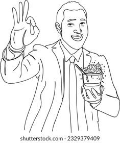 Cartoon Illustration of Businessman Holding Chocolate Ice Cream in Continuous Outline Sketch, Business and Dessert, Delightful Break, Tasty Temptation