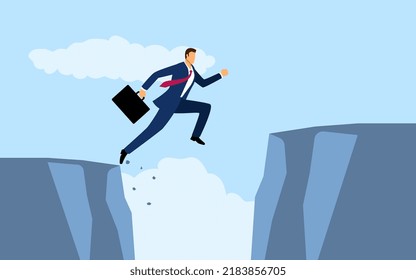 Cartoon illustration of a businessman jumps over the ravine, challenge, obstacle, optimism, determination in business concept