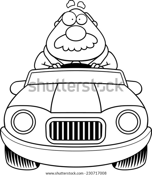 A cartoon illustration of a businessman with a\
mustache driving a car.