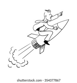 Cartoon illustration of a businessman on a rocket. Career booster, success concept