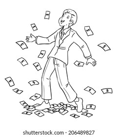 Cartoon illustration of a businessman rained for money