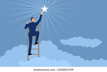 Cartoon illustration of a businessman reaching out for the star using ladder