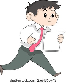 A cartoon illustration of a businessman running with a document in hand, wearing formal attire and a pink tie, symbolizing urgency and dedication