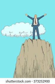 Cartoon illustration of a businessman standing with open arms on top of a mountain.