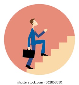 Cartoon illustration of a businessman step on stairs, success, determination, opportunity concept