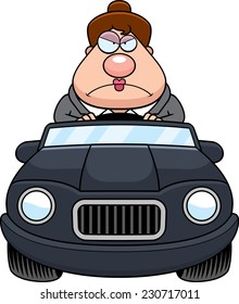 A cartoon illustration of a businesswoman driving a car with an angry expression.