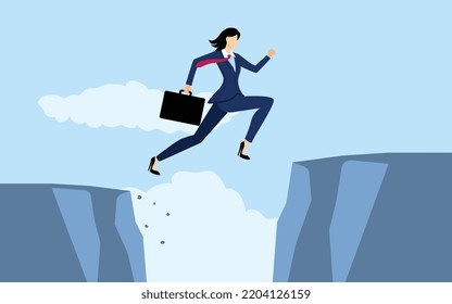 Cartoon illustration of a businesswoman jumps over the ravine, challenge, obstacle, optimism, determination in business concept